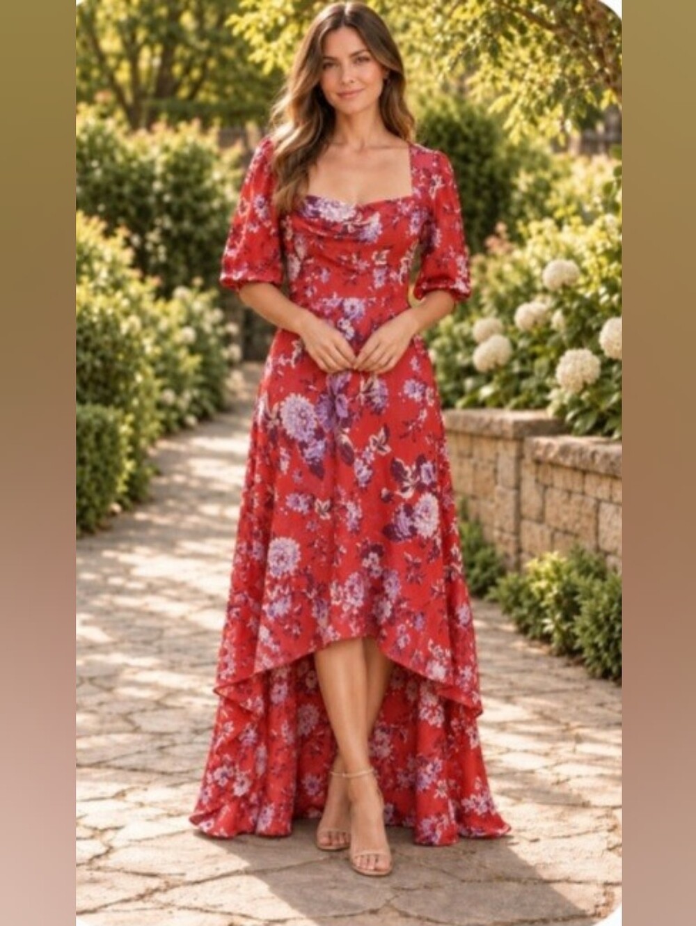 Maeve Anthropologie Red Floral Puff Sleeve High Low Maxi Dress NWT Size 8